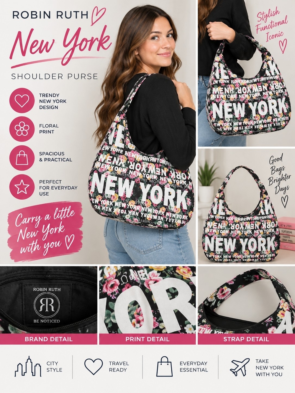 New Robin Ruth women's 20x23 inch floral new york shoulder purse #34